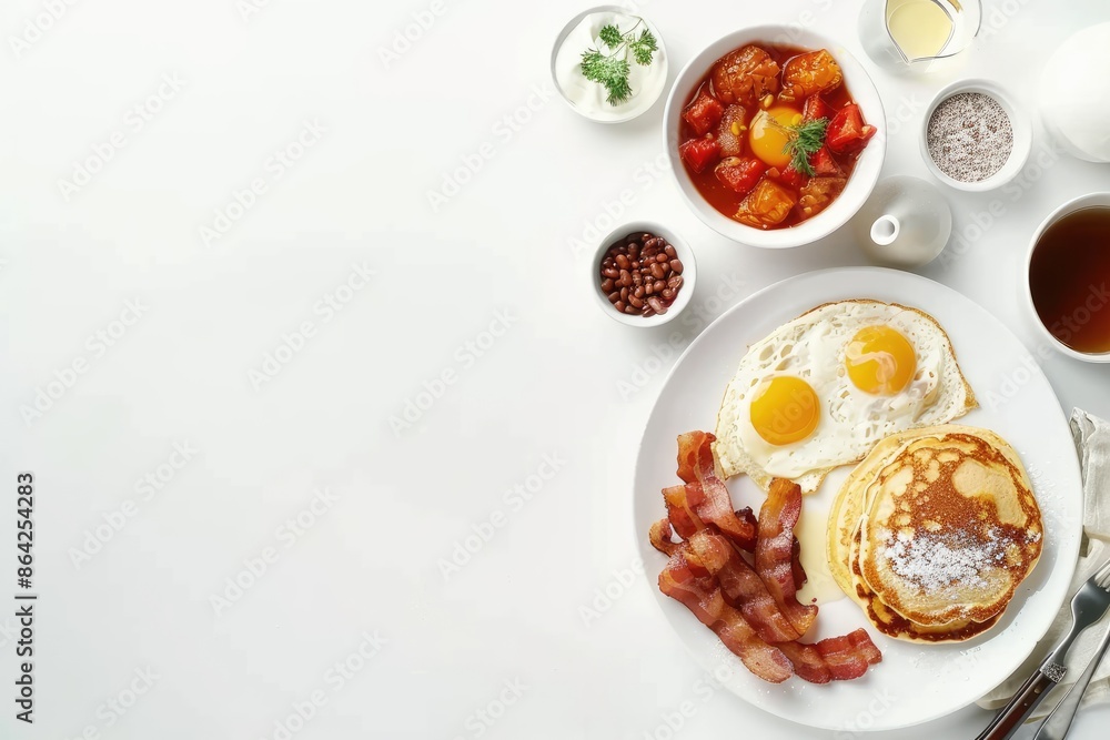 A top down view of a full American breakfast on a white background with plenty of space for additional images The breakfast includes sunny side up fried eggs crispy bacon hash browns fluffy pancakes A top down view of a full American breakfast on a white background with plenty of space for additional images The breakfast includes sunny side up fried eggs crispy bacon hash browns fluffy pancakes