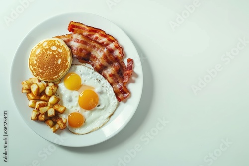 A top down view of a full American breakfast on a white background with plenty of space for additional images The breakfast includes sunny side up fried eggs crispy bacon hash browns fluffy pancakes photo