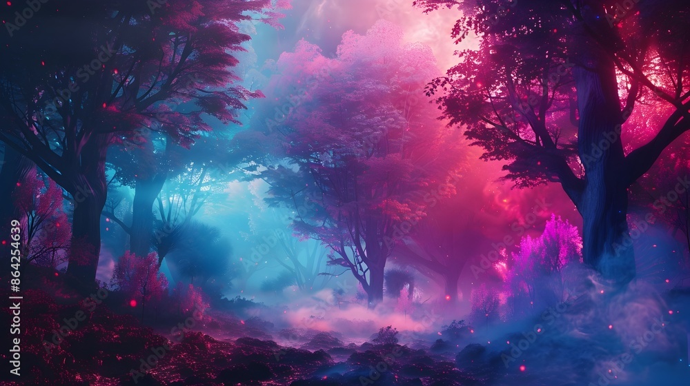 Naklejka premium Enchanting Neon Forest with Glowing Trees and Vibrant Atmosphere