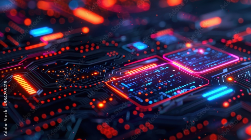 Close-up of a futuristic circuit board with vibrant neon lights and digital data flow, showcasing advanced technology and innovation. Close-up of a futuristic circuit board with vibrant neon lights and digital data flow, showcasing advanced technology and innovation.