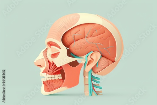 Detailed illustration of the layers of facial skin and muscles for educational purposes, facial anatomy, surgical planning photo