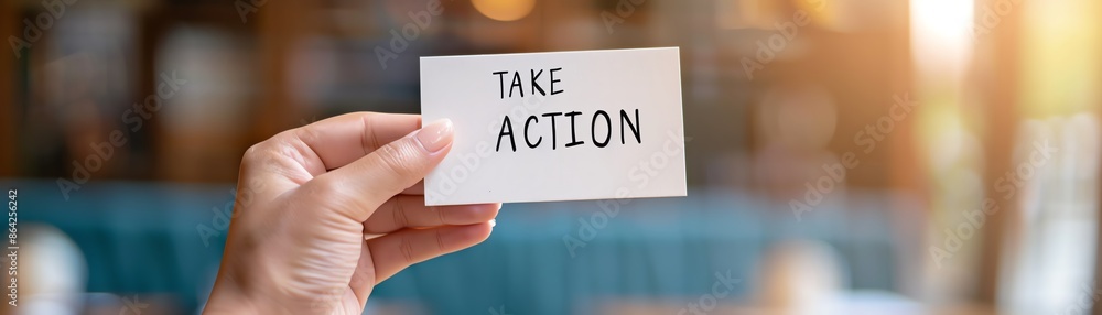 Hand holding card with 'Take Action' message, encouraging motivation and proactive behavior in a blurry background setting. Hand holding card with 'Take Action' message, encouraging motivation and proactive behavior in a blurry background setting.