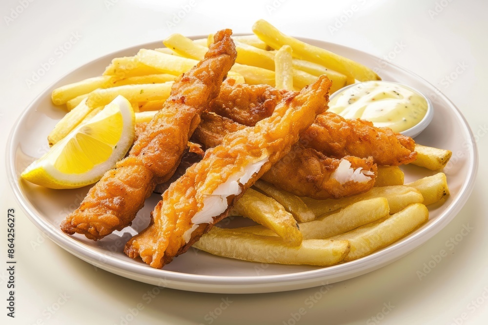 Catfish Strips and Golden Brown Fries with Tangy Tartar Sauce and Lemon Wedge Catfish Strips and Golden Brown Fries with Tangy Tartar Sauce and Lemon Wedge