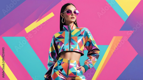 Colorful pop art portrait of a fashionable woman in modern sunglasses and iridescent leather jacket. Mixed media colorful collage elements