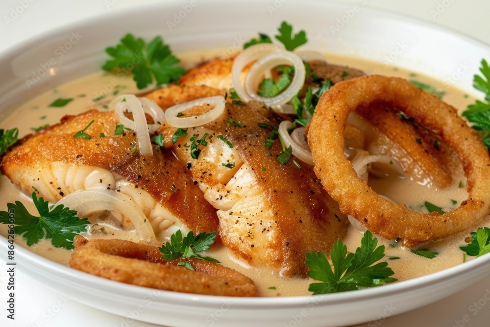 Flaky Catfish Poached in Creamy Evaporated Milk Broth with Aromatic Seasoning Flaky Catfish Poached in Creamy Evaporated Milk Broth with Aromatic Seasoning
