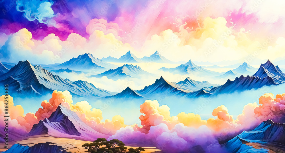 Dreamy Mountain Landscape with Colorful Clouds Dreamy Mountain Landscape with Colorful Clouds