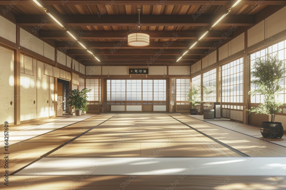 Realistic 3D Render of Judo Dojo with Tatami Mats and Olympic Decor for Immersive Training Realistic 3D Render of Judo Dojo with Tatami Mats and Olympic Decor for Immersive Training