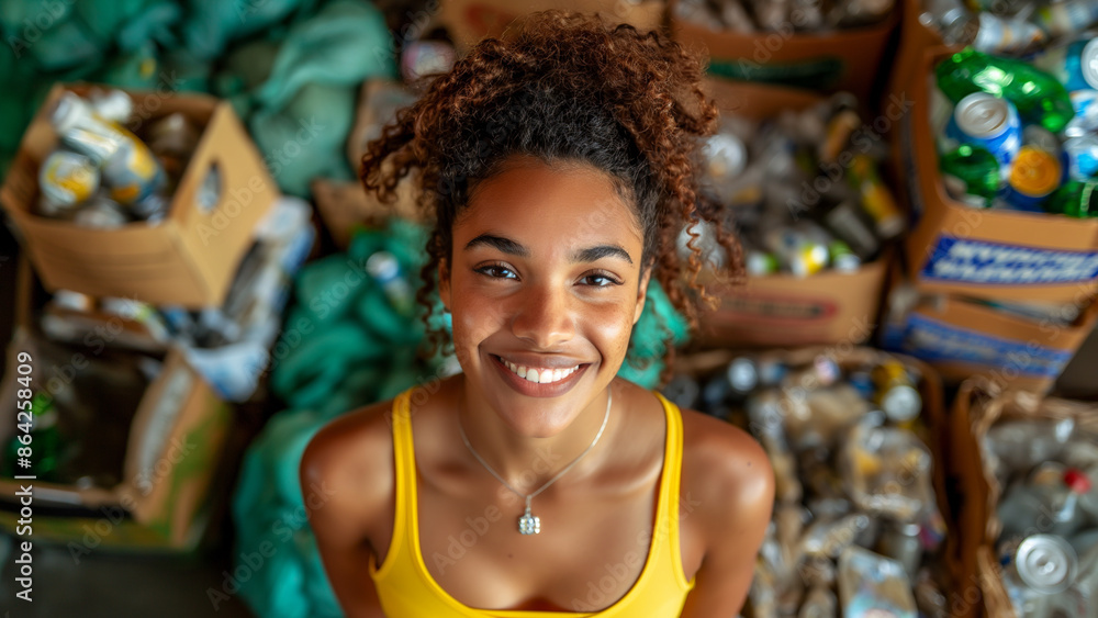 Smiling Woman Surrounded by Recycled Materials
Smiling Woman Surrounded by Recycled Materials