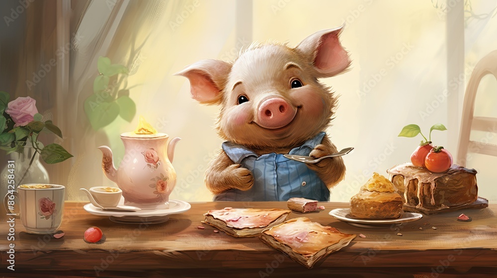 A cute pig sitting at a table eating chocolate cake A cute pig sitting at a table eating chocolate cake