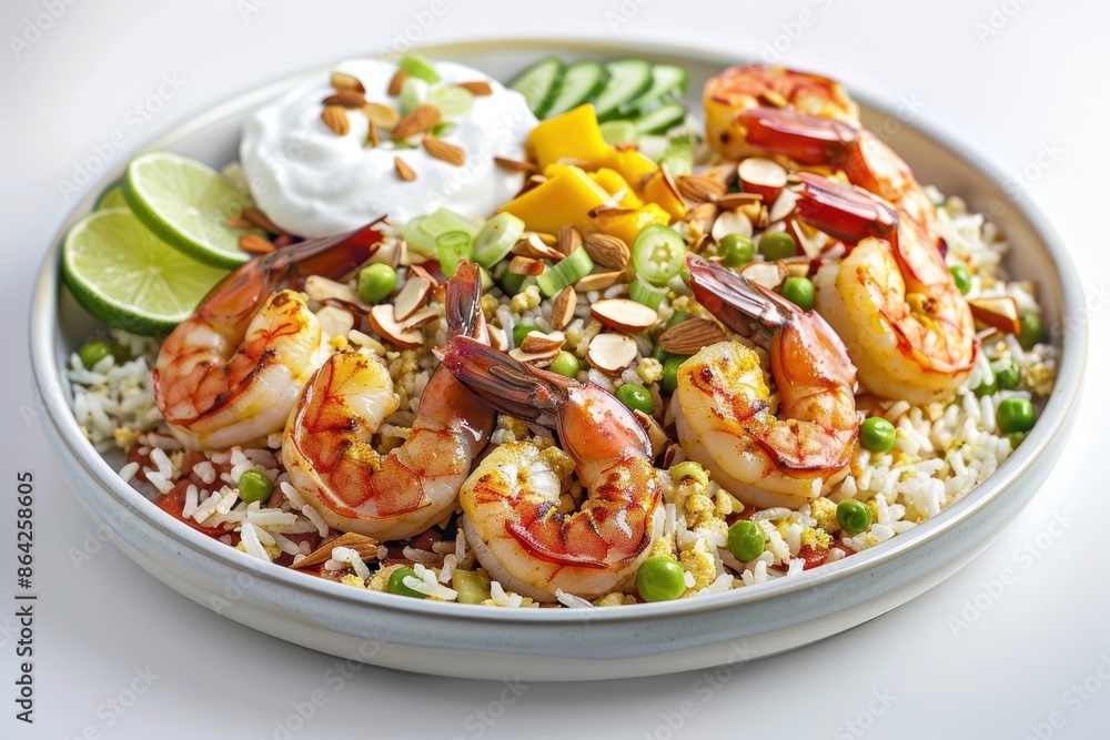Artfully Presented Curried Shrimp and Cauliflower Fried Rice with Fragrant Aromas Artfully Presented Curried Shrimp and Cauliflower Fried Rice with Fragrant Aromas