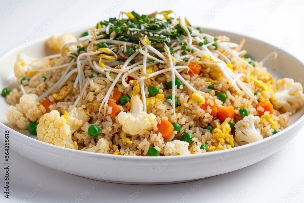 Artfully Crafted Cauliflower Fried Rice with Emerald Peas and Bean Sprouts Artfully Crafted Cauliflower Fried Rice with Emerald Peas and Bean Sprouts