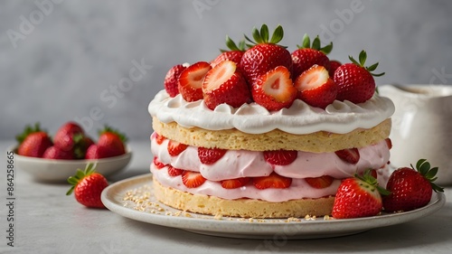 Layered strawberry cheesecake with whipped cream and fresh berries