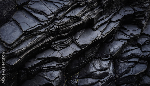 Abstract dark black angular stones rocks texture, sharp edges, shiny surfaces, tightly packed together, coal or shale, natural fractures and layers. photo