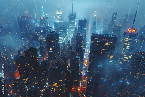 A modern cityscape at night, drenched in rain. Skyscrapers illuminated by vibrant lights create a mesmerizing, futuristic atmosphere amid the downpour and mist