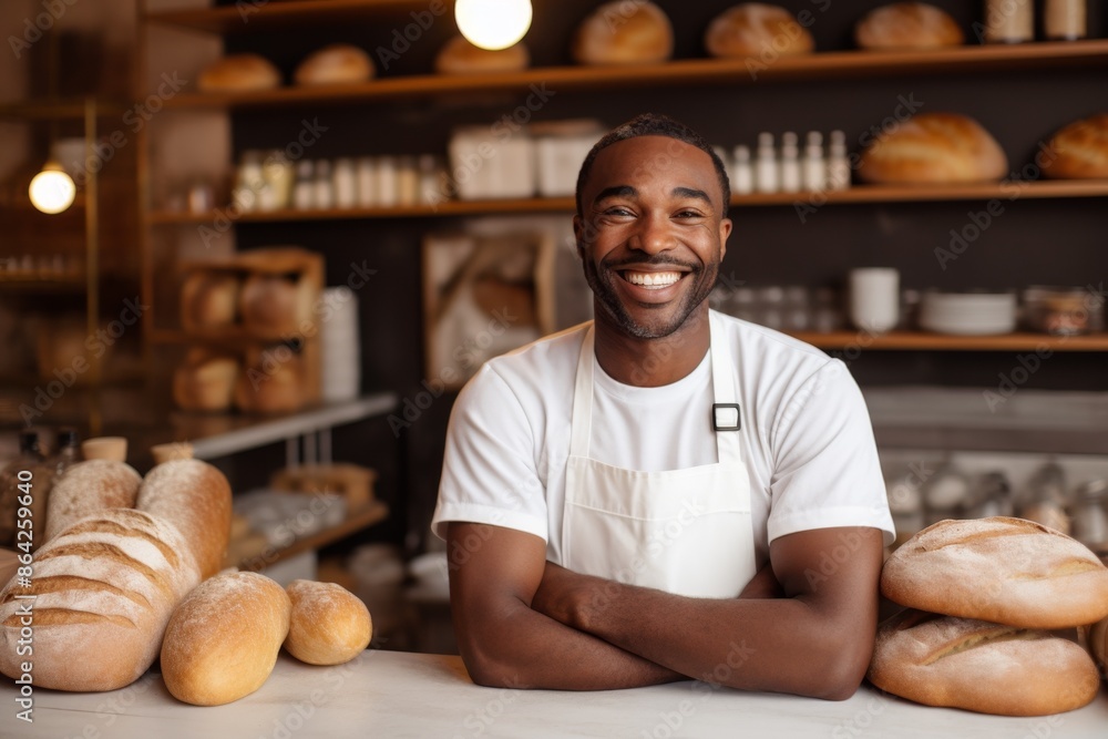 A young African man with a cheerful smile standing behind a counter in a bakery, surrounded by freshly baked bread, horizontal image. He is wearing a white apron and white t-shirt, creating a welcomin A young African man with a cheerful smile standing behind a counter in a bakery, surrounded by freshly baked bread, horizontal image. He is wearing a white apron and white t-shirt, creating a welcomin