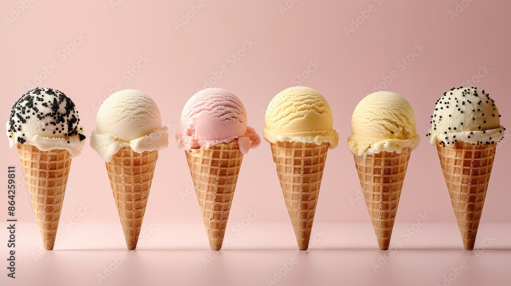 Assorted ice cream cones displayed in profile with various flavours on solid light pink background, banner, copy space Assorted ice cream cones displayed in profile with various flavours on solid light pink background, banner, copy space