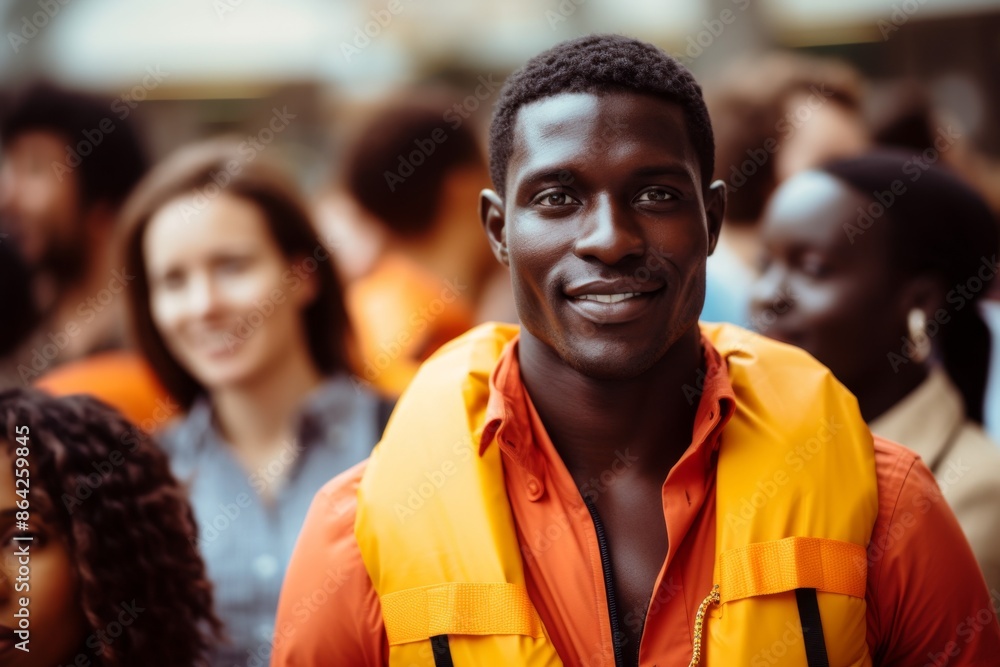A young African man smiling brightly while wearing an orange life jacket in a lively outdoor setting, surrounded by people in casual summer clothing, horizontal image. The scene conveys a sense of joy A young African man smiling brightly while wearing an orange life jacket in a lively outdoor setting, surrounded by people in casual summer clothing, horizontal image. The scene conveys a sense of joy