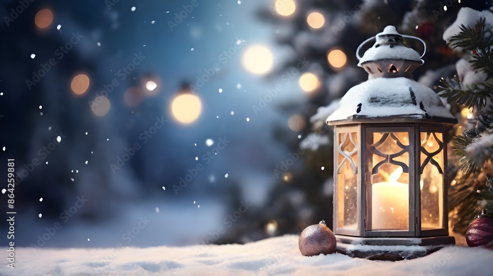 Enchanting snowy scene Against a defocused background a Christmas lantern with a fir branch Enchanting snowy scene Against a defocused background a Christmas lantern with a fir branch