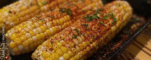 Close-up of grilled corn on the cob, seasoned with spices and herbs, showcasing a delicious and vibrant summer meal.