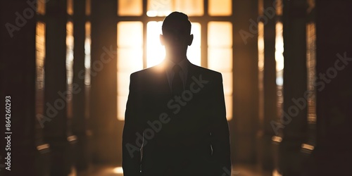 Silhouette of businessman symbolizing imminent threat of foreclosure and debt crisis. Concept Foreclosure, Debt Crisis, Businessman Silhouette, Imminent Threat, Financial Distress