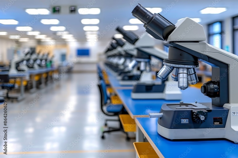 Minimalist lab setting with microscope close up on bright white background under subtle blue light, science and research concept, banner, copy space Minimalist lab setting with microscope close up on bright white background under subtle blue light, science and research concept, banner, copy space