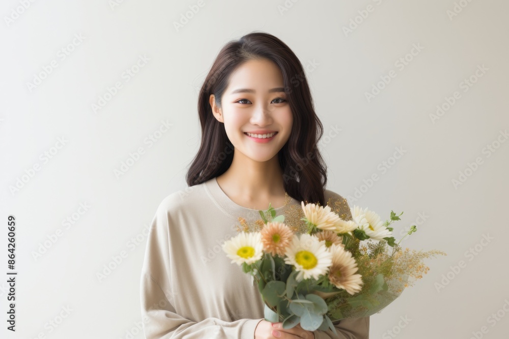 A young Asian woman smiling while arranging a bouquet of flowers on a table in a bright, modern room with large windows and potted plants, horizontal image. The flowers are a mix of vibrant colors and A young Asian woman smiling while arranging a bouquet of flowers on a table in a bright, modern room with large windows and potted plants, horizontal image. The flowers are a mix of vibrant colors and
