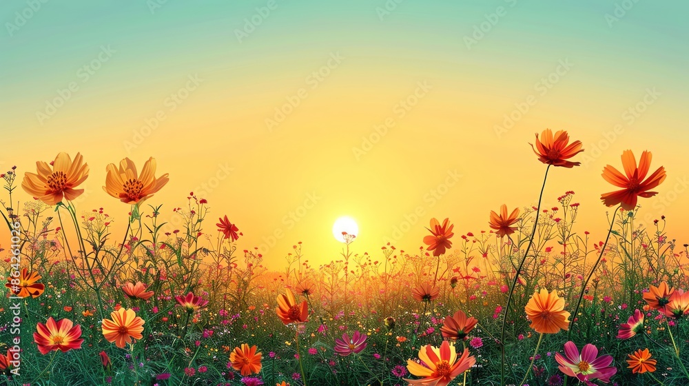 Illustration of a sun rising over a field of flowers, symbolizing renewal and growth, ample copy space Illustration of a sun rising over a field of flowers, symbolizing renewal and growth, ample copy space