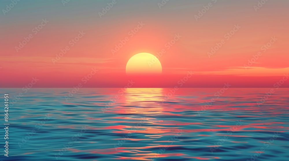 Fototapeta premium Illustration of a sunrise over the ocean, symbolizing a fresh start and endless possibilities, ample copy space