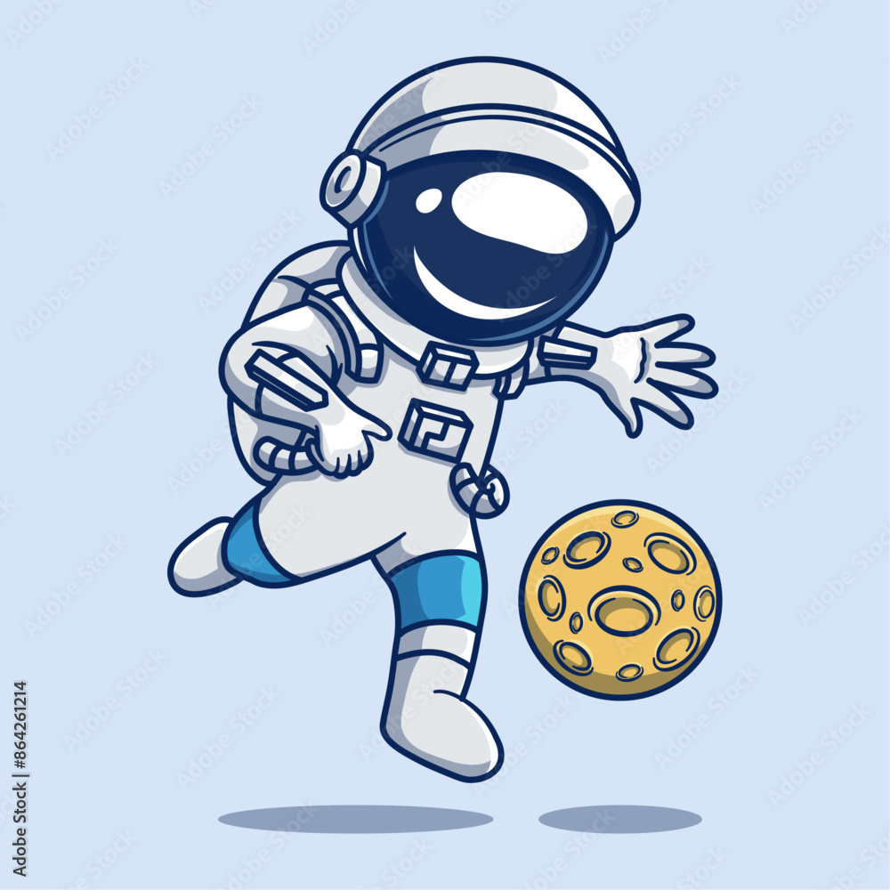 Obraz premium Cute Astronaut in Pose about to kick the Moon Cartoon Vector Illustration of Techno Science Ico