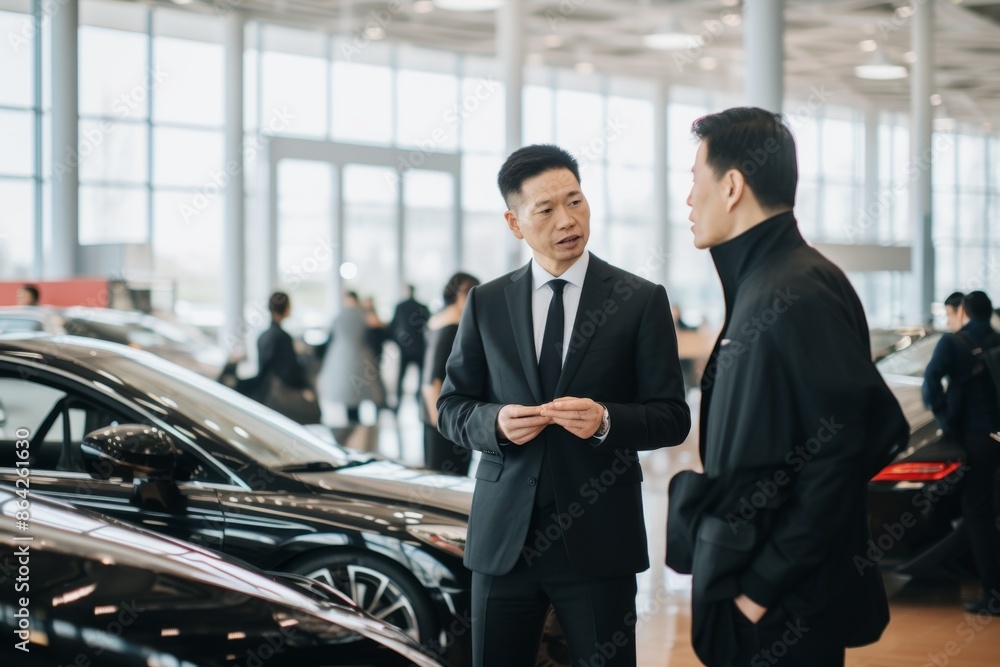 Two Asian businessmen engaged in a conversation in a modern car showroom, surrounded by sleek black cars and other people in the background, horizontal image. The setting is professional and upscale, Two Asian businessmen engaged in a conversation in a modern car showroom, surrounded by sleek black cars and other people in the background, horizontal image. The setting is professional and upscale,
