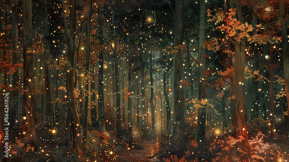 Naklejka premium illustration of secret forest at night, landscape background 