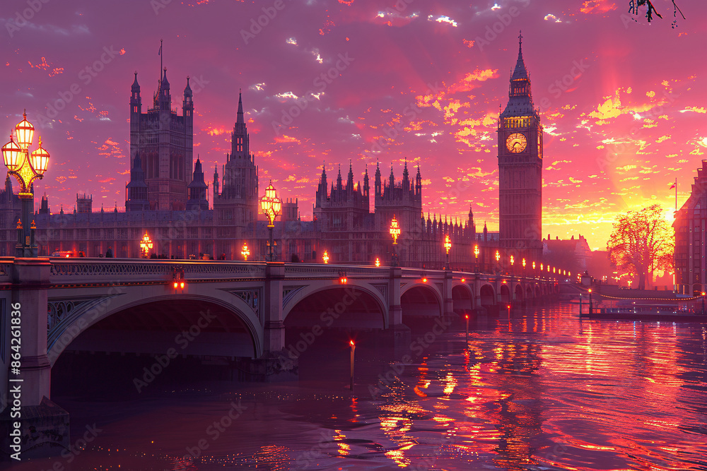 Naklejka premium London’s iconic skyline at sunset, with Westminster Bridge and Big Ben under a striking pink sky, reflected beautifully in the tranquil waters of the Thames