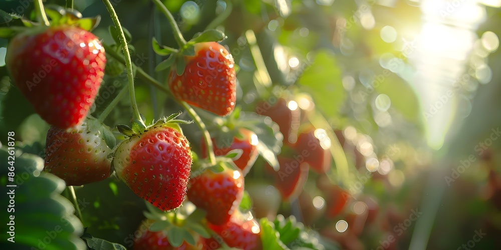 Ripe strawberries under sunlight in greenhouse ready to be harvested. Concept Strawberry Harvest, Greenhouse Gardening, Sunlight Photography, Ripe Fruits, Fresh Produce Ripe strawberries under sunlight in greenhouse ready to be harvested. Concept Strawberry Harvest, Greenhouse Gardening, Sunlight Photography, Ripe Fruits, Fresh Produce