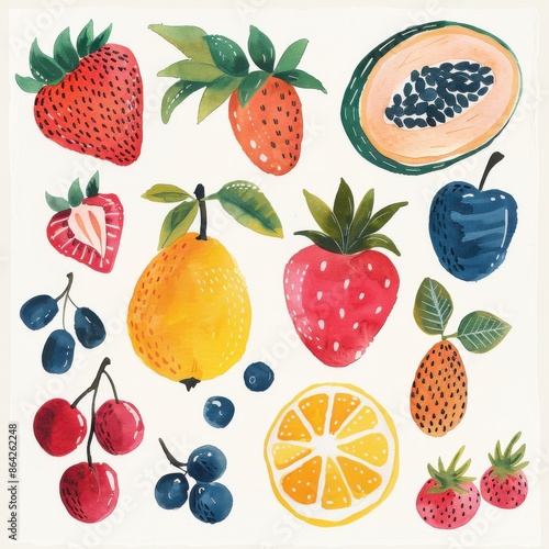 A set of watercolor paintings of various fruits, including oranges, bananas