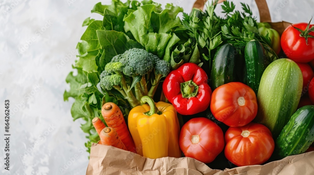 Close-Up of Healthy Vegan Food with Vegetables and Fruits Spilling from Paper Bag

