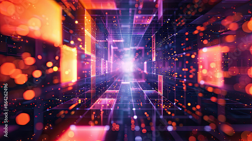 Abstract digital tunnel of glowing purple and orange squares, front view, showcasing a vibrant and futuristic design, digital tone, Triadic Color Scheme