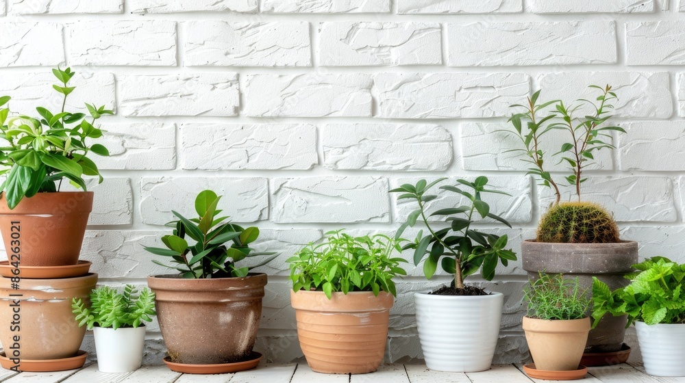 Home plants in pots against white brick wall Indoor greenery idea space for text Home plants in pots against white brick wall Indoor greenery idea space for text