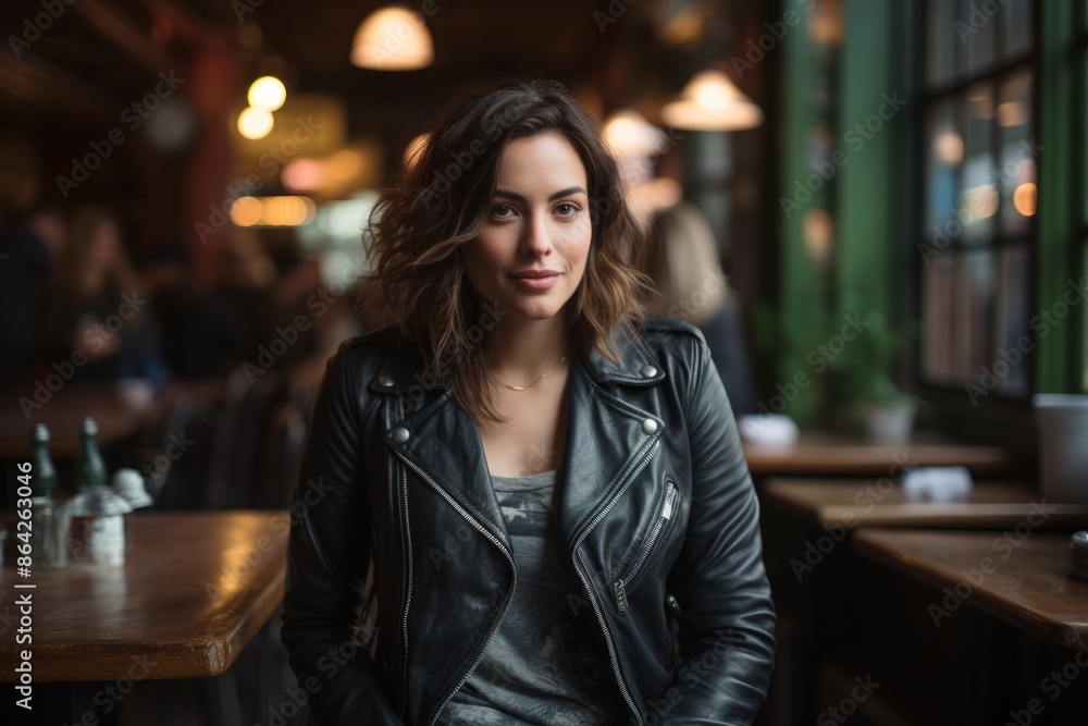 Portrait of a glad woman in her 30s sporting a classic leather jacket on bustling city cafe Portrait of a glad woman in her 30s sporting a classic leather jacket on bustling city cafe