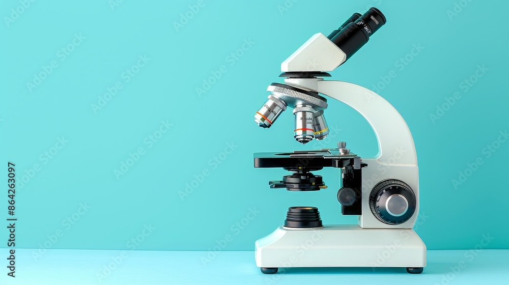 Lab microscope close up, blue light background, minimalist style, empty space for text placement, science and research concept, banner Lab microscope close up, blue light background, minimalist style, empty space for text placement, science and research concept, banner