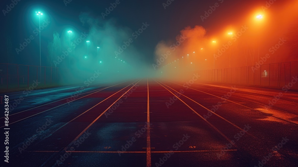 Mysterious Empty Track and Field Under Night Sky Mysterious Empty Track and Field Under Night Sky