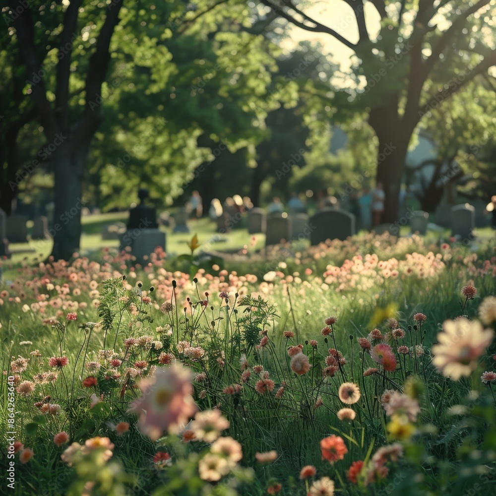 Obraz premium Memorial Day Cemetery Scene with Colorful Flowers and Visitors
