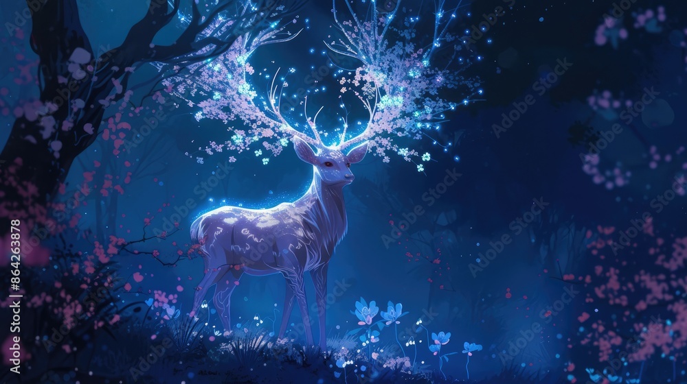 Fototapeta premium Enchanted Deer: Moonlit Blossoms and Antlers