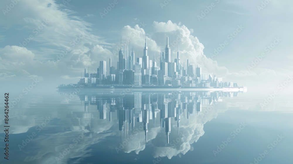 Fototapeta premium Minimalist City of Tomorrow on a Reflective Horizon