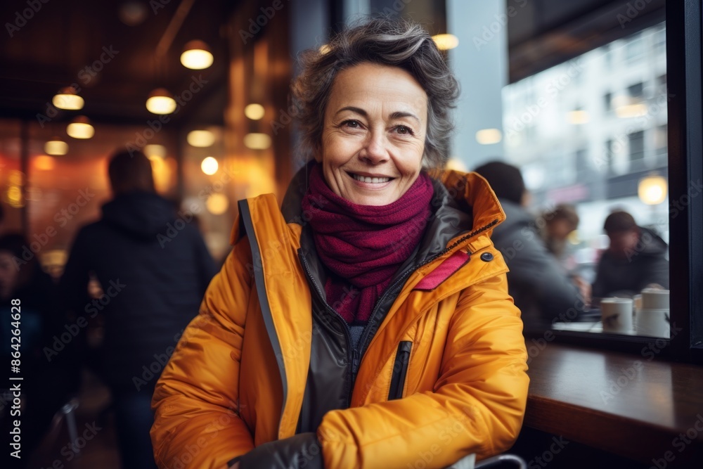 Portrait of a jovial woman in her 50s wearing a windproof softshell over bustling city cafe Portrait of a jovial woman in her 50s wearing a windproof softshell over bustling city cafe
