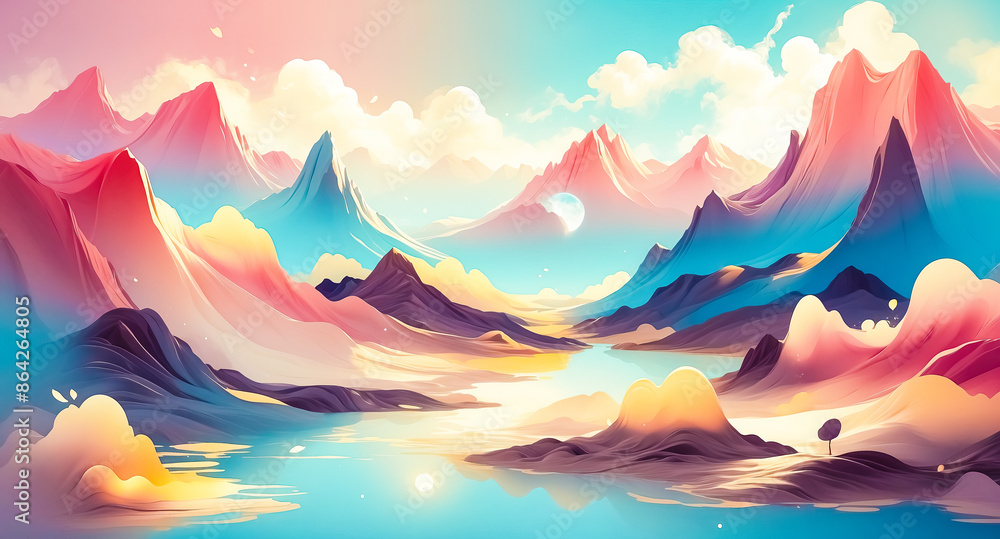 Dreamy Landscape with Colorful Mountains and a Serene Lake Dreamy Landscape with Colorful Mountains and a Serene Lake