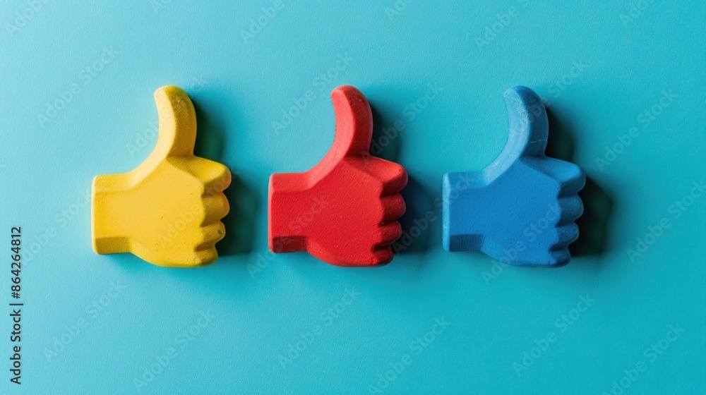 Photo of three colorful thumbs up icons in yellow, red and blue on a turquoise background. Photo of three colorful thumbs up icons in yellow, red and blue on a turquoise background.