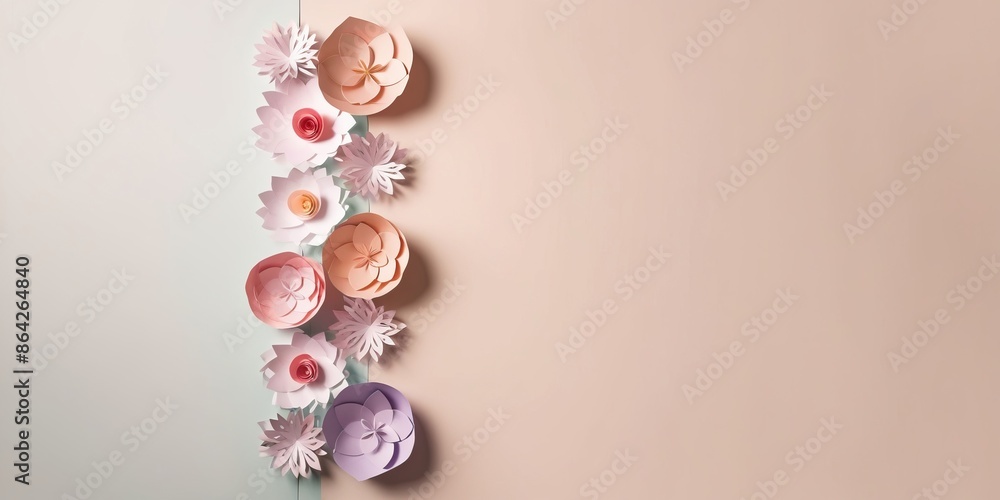 Elegant Paper Flower Arrangement on Dual-Toned Background with copy space. Flat lay of paper craft floral, top view angle Elegant Paper Flower Arrangement on Dual-Toned Background with copy space. Flat lay of paper craft floral, top view angle