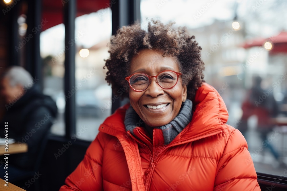Portrait of a cheerful afro-american woman in her 60s wearing a windproof softshell over bustling city cafe Portrait of a cheerful afro-american woman in her 60s wearing a windproof softshell over bustling city cafe
