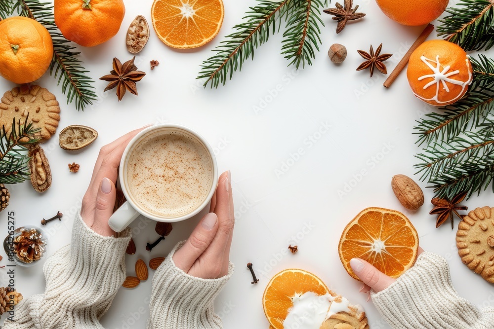 A view of female hands holding a mug with a hot drink surrounded by homemade cookies walnuts clementines and spices on a white table Copy space image A view of female hands holding a mug with a hot drink surrounded by homemade cookies walnuts clementines and spices on a white table Copy space image