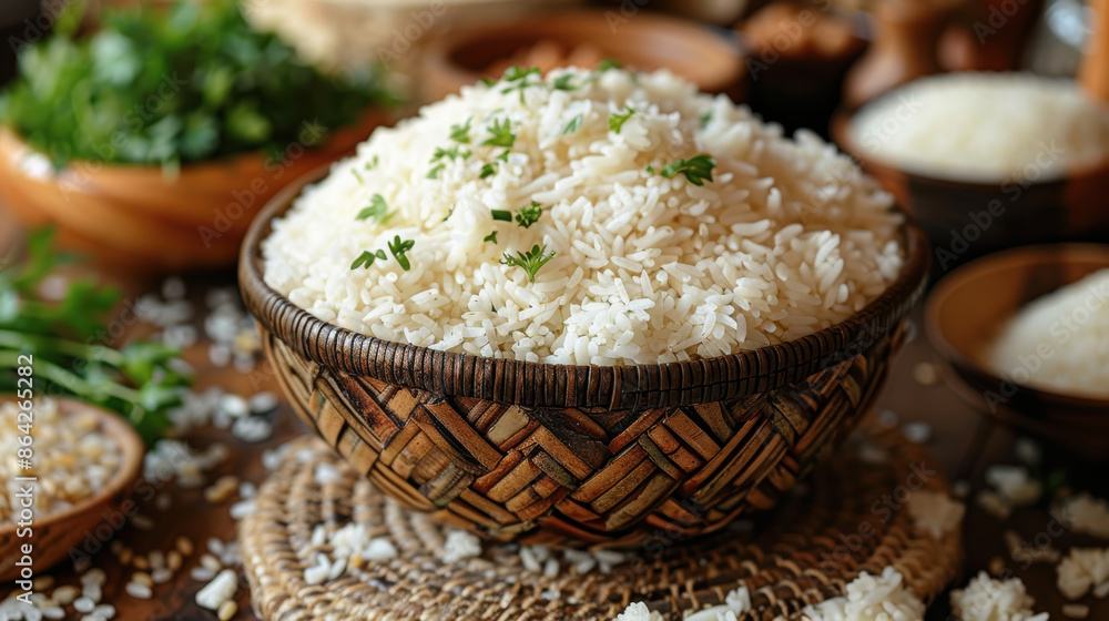 A bowl of fluffy white rice sits on a table. A bowl of fluffy white rice sits on a table.